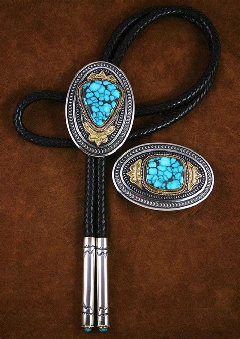 Indian Mountain Spiderweb Turquoise In Bolo Buckle Set Gold K