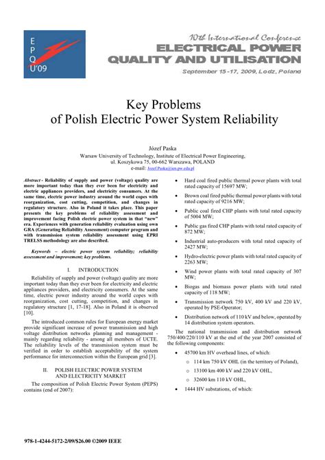 Pdf Key Problems Of Polish Electric Power System Reliability