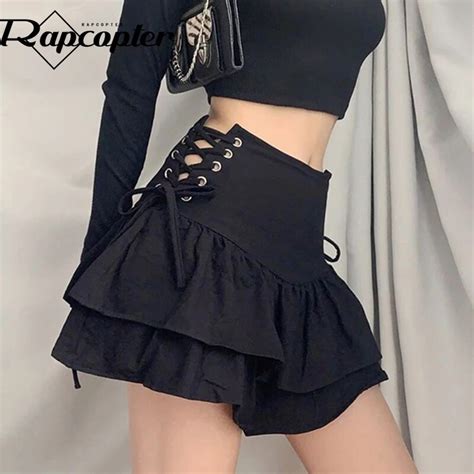 Rapcopter Goth Black Pleated Skirts Cross Tie Up Mini Skirts Y2k High
