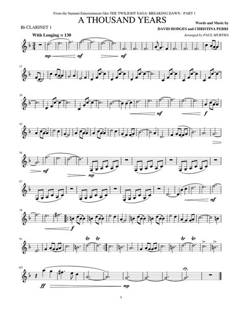 a thousand years clarinet 1 sheet music for clarinet in b flat solo download and print in