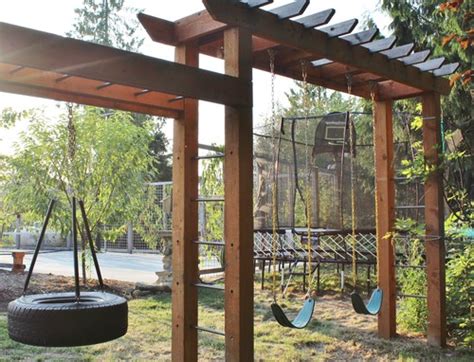 These pergola plans include wood beams and lattice set on precast columns. Interested in arbor swing set plan, supplies list.