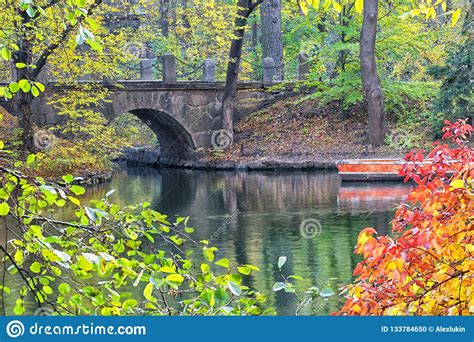 Stone Bridge Over Water In Autumn Park Stock Photo Image Of River