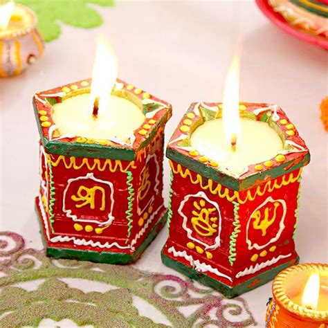Set Of 2 Colorful Traditionally Painted Clay Diya 29269 Buy Diwali
