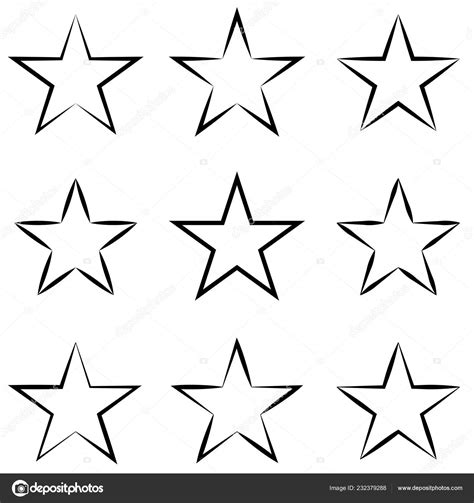 Set Stars With Calligraphic Outline Stroke Vector Hand Drawn Star