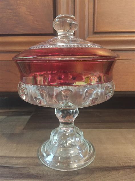 Vintage 1940’s Fostoria Elegant Pressed Glass Bowl Candy Dish With Ruby Red Band And Lid By