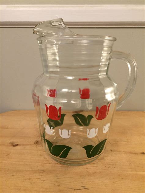 Hazel Atlas Clear Glass Ribbed Pitcher With Red White And Green