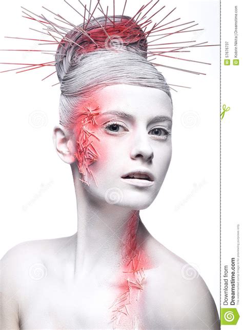 Art Fashion Girl With White Skin And Red Paint On Stock