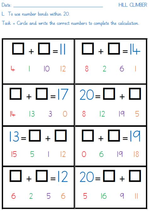 Idea 263 Free Differentiated Number Bonds To 20 Challenge Sheets Big