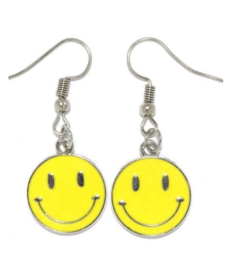 Dangle Earrings Happy Smiley Face Circle Silver Yellow Tone Alloy