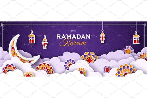 Ramadan Kareem Banner With Clouds Decorative Illustrations ~ Creative