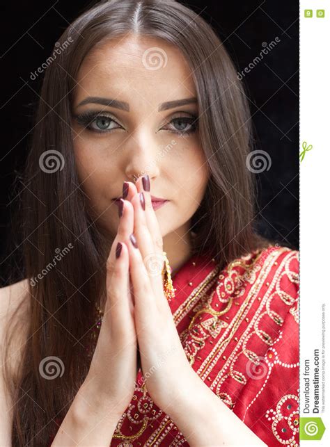 Beautiful Indian Woman With Blue Eyes Praying Stock Image Image Of
