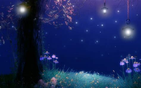 Download Lantern Tree Night Flower Forest Artistic Fantasy Hd Wallpaper