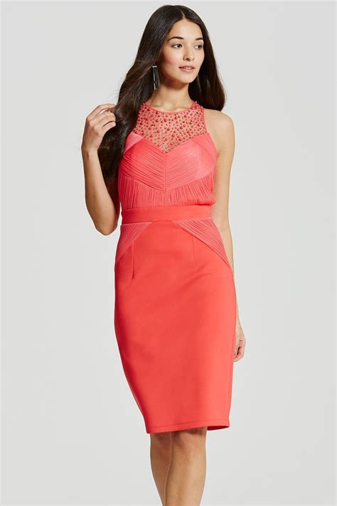 Coral Embellished Pleat Bodycon Midi Dress - from Little Mistress UK