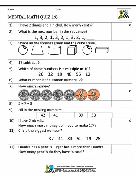 First Grade Mental Math Worksheets