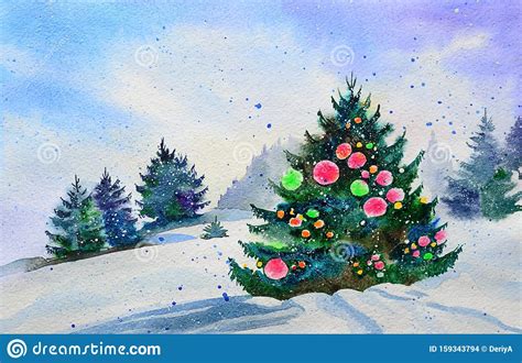 Winter Landscape With A Christmas Tree Original Watercolor Painting