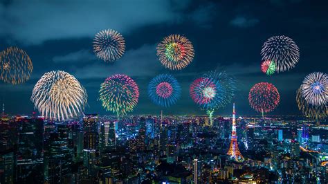 City Night View And Skyrocket Fireworks Shinjuku Ward Tokyo Japan
