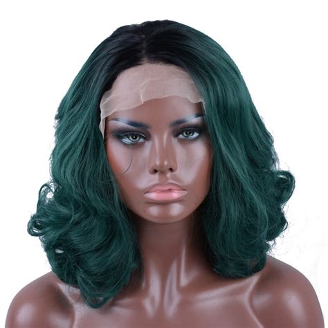 Strongbeauty Lace Front Wig Dark Green Medium Length Curly Hair Synthetic Heat Resistant Fiber