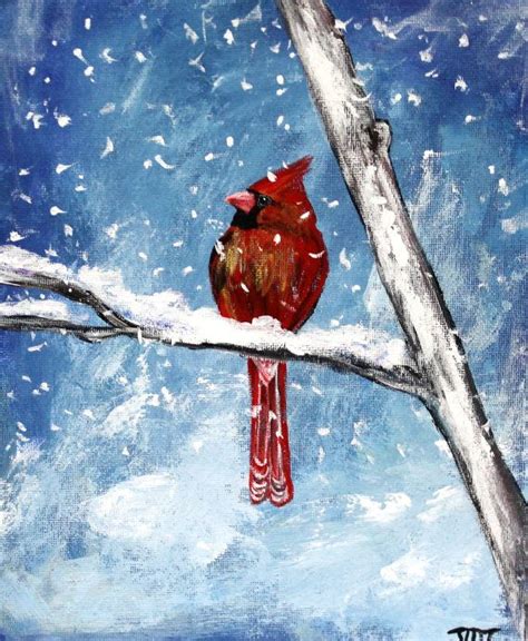 Winter Cardinal On 8 X 10 Canvas Board Bird Painting Winter Scene