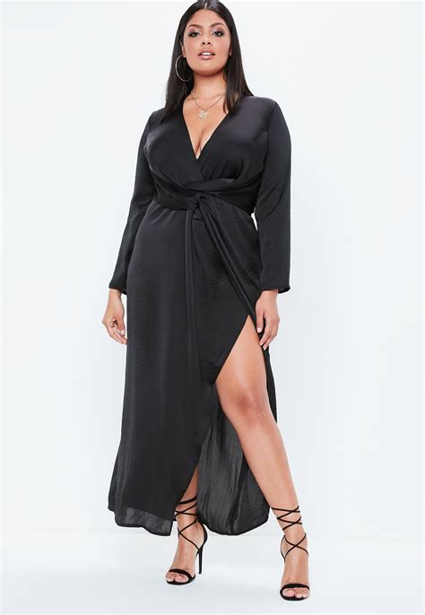 Plus Size Black Satin Thigh Split Wrap Maxi Dress