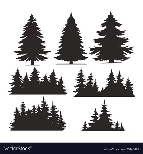 Vintage Trees And Forest Silhouettes Set In Monochrome Style Isolated