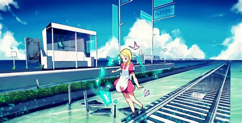 Anime Girls Anime Railway Dress Blonde Railroad Track Outdoors Sky Cyan