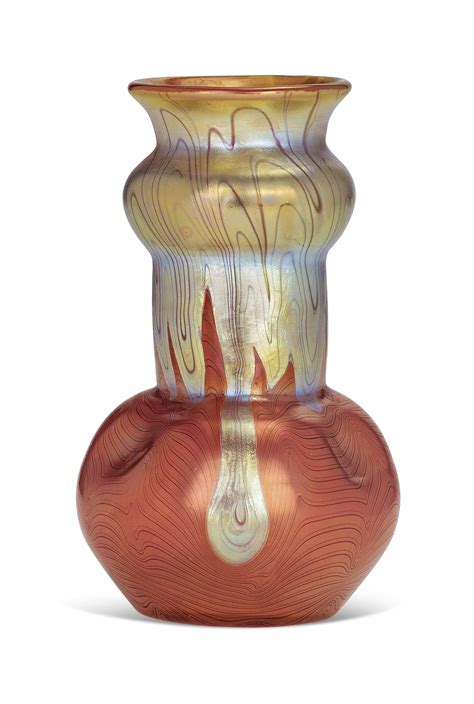 A Small Loetz Iridescent Glass Vase With Dimpled Bulbous Base Circa 1900 Engraved Loetz