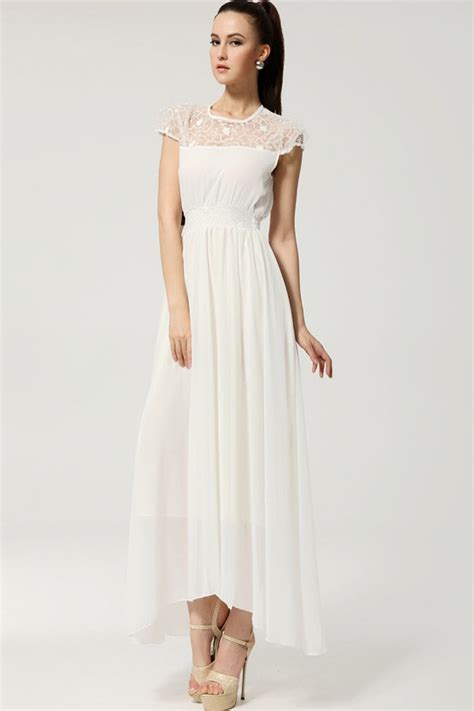 White Lace Cap Sleeve Chiffon Maxi Dress Casual Dresses Women Casual Dresses Cheap Casual