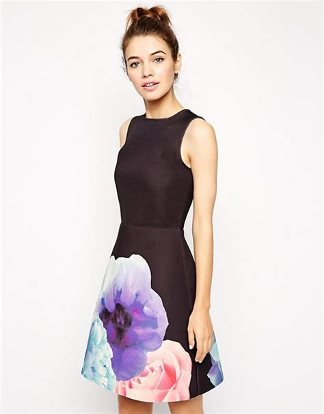 Asos Design Asos Skater Dress With A Line In Bonded Floral Placement