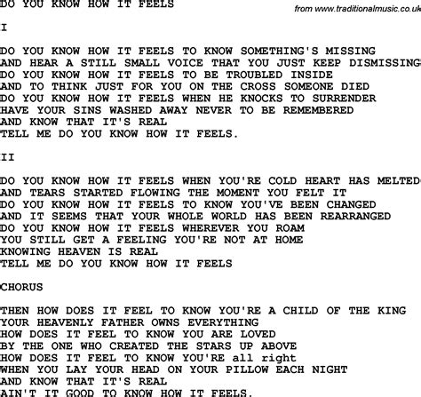 Country Southern And Bluegrass Gospel Song Do You Know How It Feels Lyrics