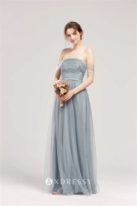dusty blue tulle off shoulder ruched bridesmaid dress xdressy