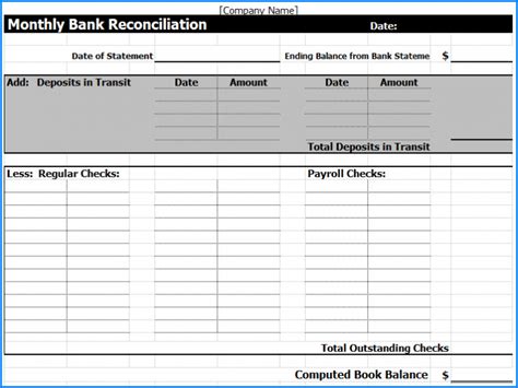 √ Free Printable Bank Reconciliation Template