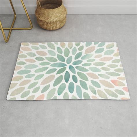Create a geometric rug as unique as you are with our floral and graphic patterned carpet tiles. Floral Bloom Pattern, Coral, Peach, Green Rug by Megan ...