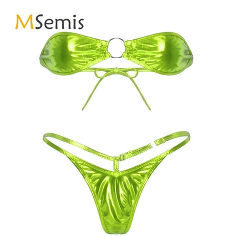 2pcs Womens Bikini Lingerie Set Shiny Metallic Strapless Tie Back Mini
