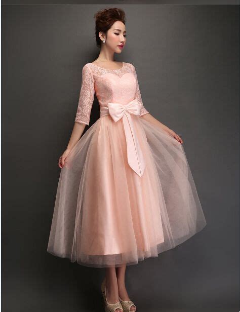 56 Skin Pink Tea Length Homecoming Dresses 12 Sleeve Lace Tulle