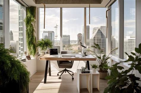 Modern Office Space With Greenery And A View Of The Cityscape Stock