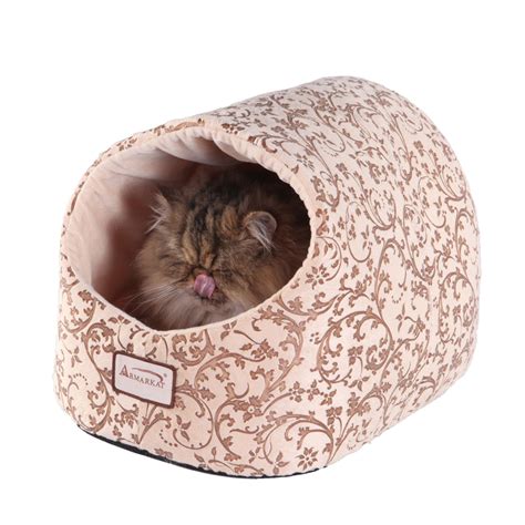 Armarkat Beige And Brown Floral Luxe Velvet Enclosed Cat Bed Cat Bed
