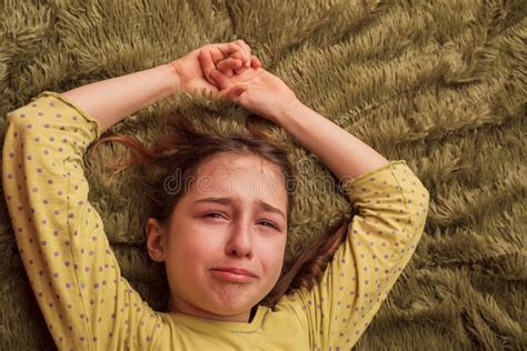 Girl Is Depressing In The Bed The Little Girl Is Crying Stock Image