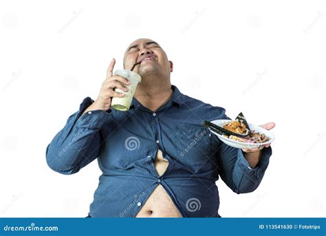 Fat Man Eating Portrait Of Overweight Person Feels Hungry And E Stock