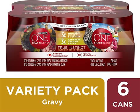 It comes in a number of formulas for puppies, grain free, canned/wet recipes, kibble, and others. Purina ONE SmartBlend True Instinct Adult Canned Wet Dog ...