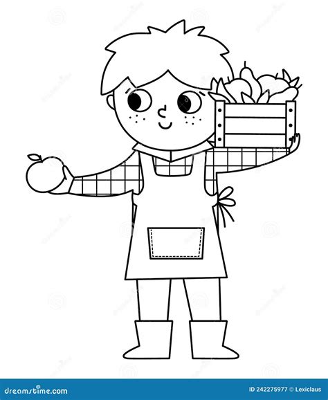 Vector Black And White Farmer Standing With Harvest In The Wooden Box