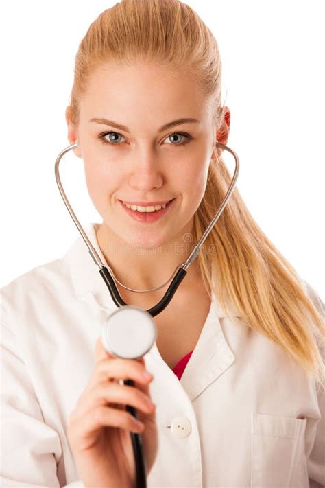 Woman Doctor Listen To Heartbeating With Stethoscope Stock Image