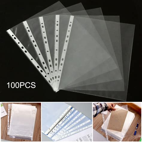 100pcs A4 Plastic Punched Pockets Folders Filing 11 Holes Loose Leaf