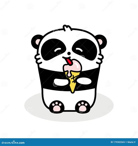 Little Cute Panda Eats Ice Cream Vector Flat Illustration In Linear
