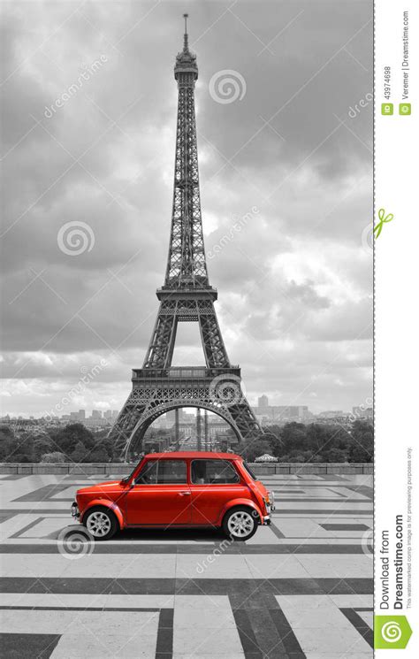 Eiffel Tower With Car Black And White Photo With Red