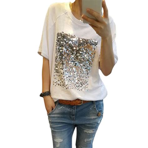 Women Sequined T Shirt Chic Silver Glitter Short Sleeve Solid O Neck