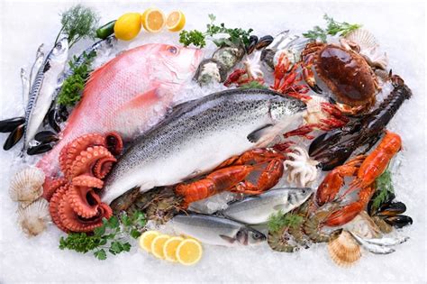 Premium Photo Top View Of Variety Of Fresh Fish And Seafood On Ice
