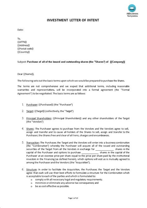 Investment Letter Of Intent Templates At