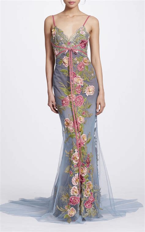 Marchesa Floral Embroidered Tulle Gown In Blue Modesens Unique Dresses Floral Dress Design