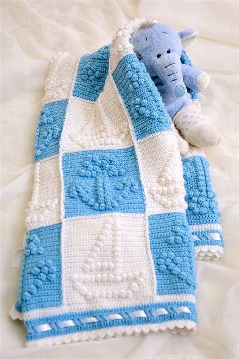 Crochet Baby Boy Blanket Popcorn Afghan Blue White Granny Etsy Baby