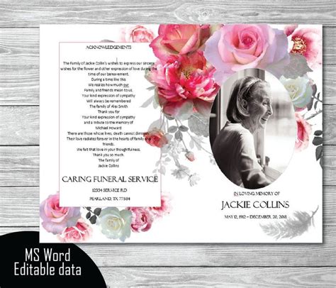 Funeral Program Template Printable Pink Grey Roses Etsy Funeral
